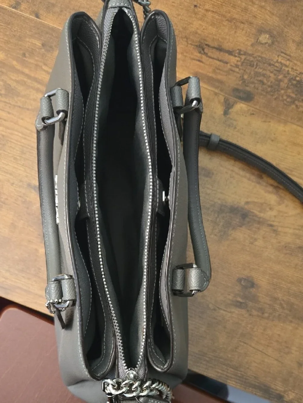 Coach Charcoal Gray Leather Satchel with Chain Accent
